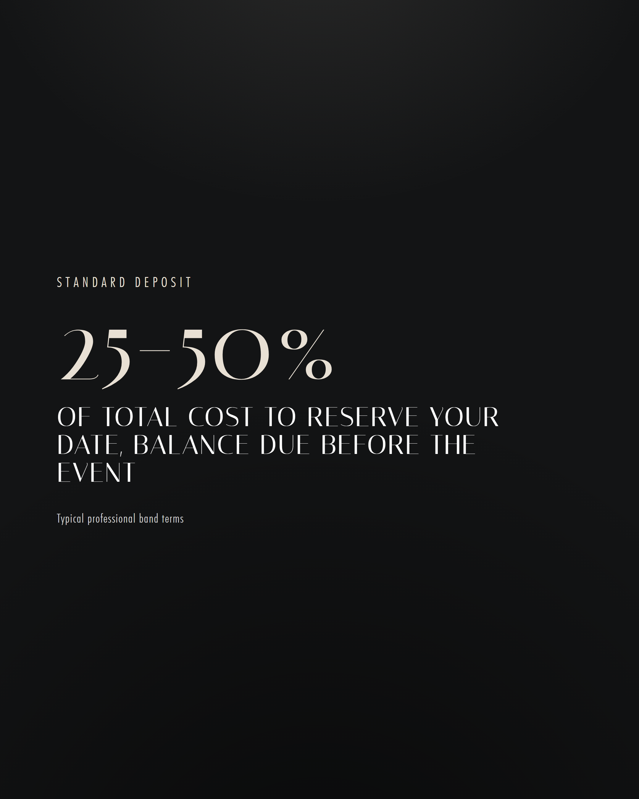 Professional bands take a 25 to 50 percent deposit to reserve your date.